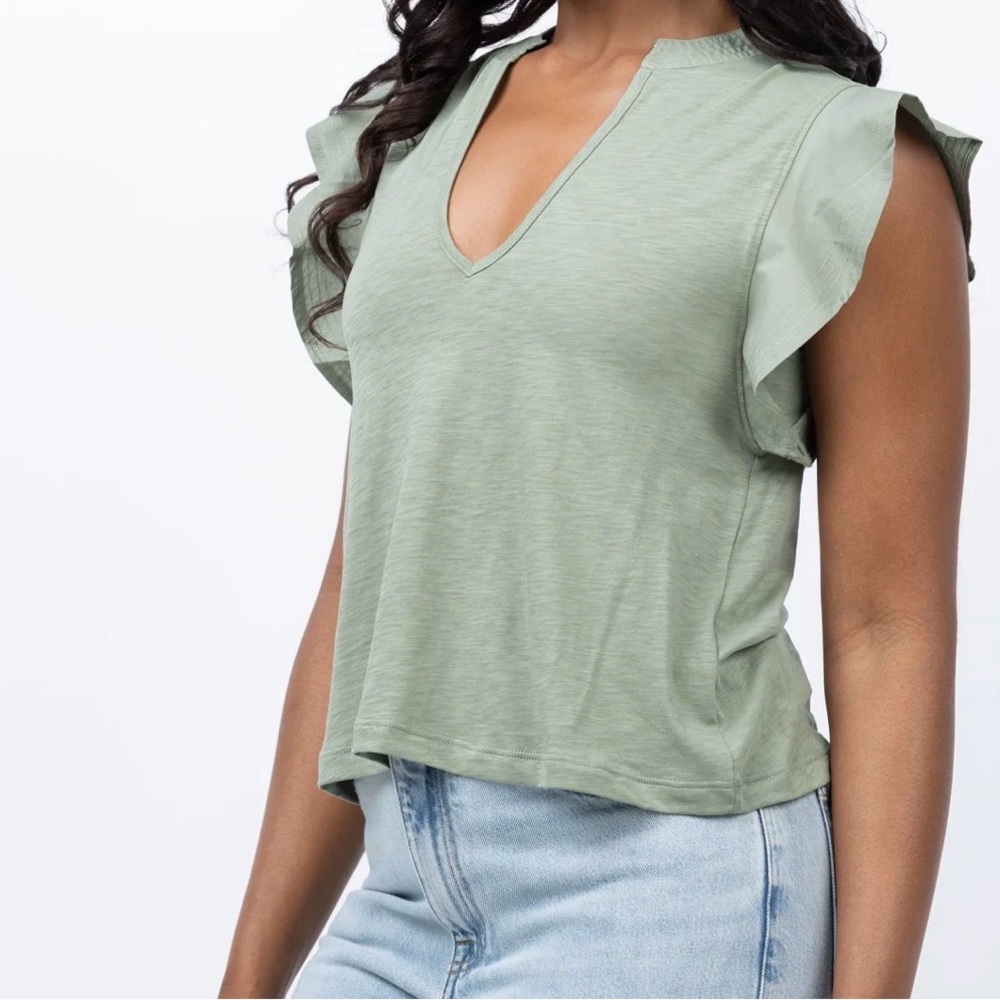 NATION LTD Constance v-neck with ruffle sleeves in sage green size medium